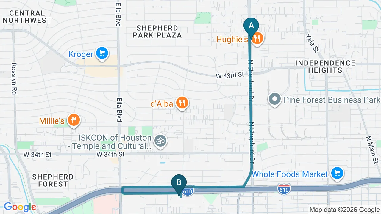 Driving directions map from Garden Oaks, TX to Heights Chiropractic Center in Houston