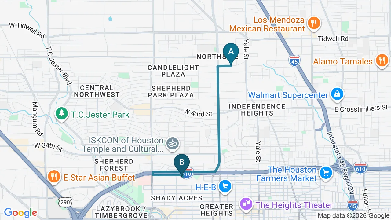 Driving directions map from Independence Heights, TX to Heights Chiropractic Center in Houston