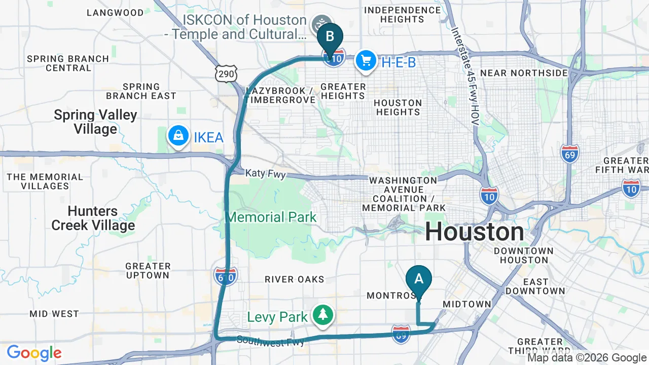Driving directions map from Montrose, TX to Heights Chiropractic Center in Houston