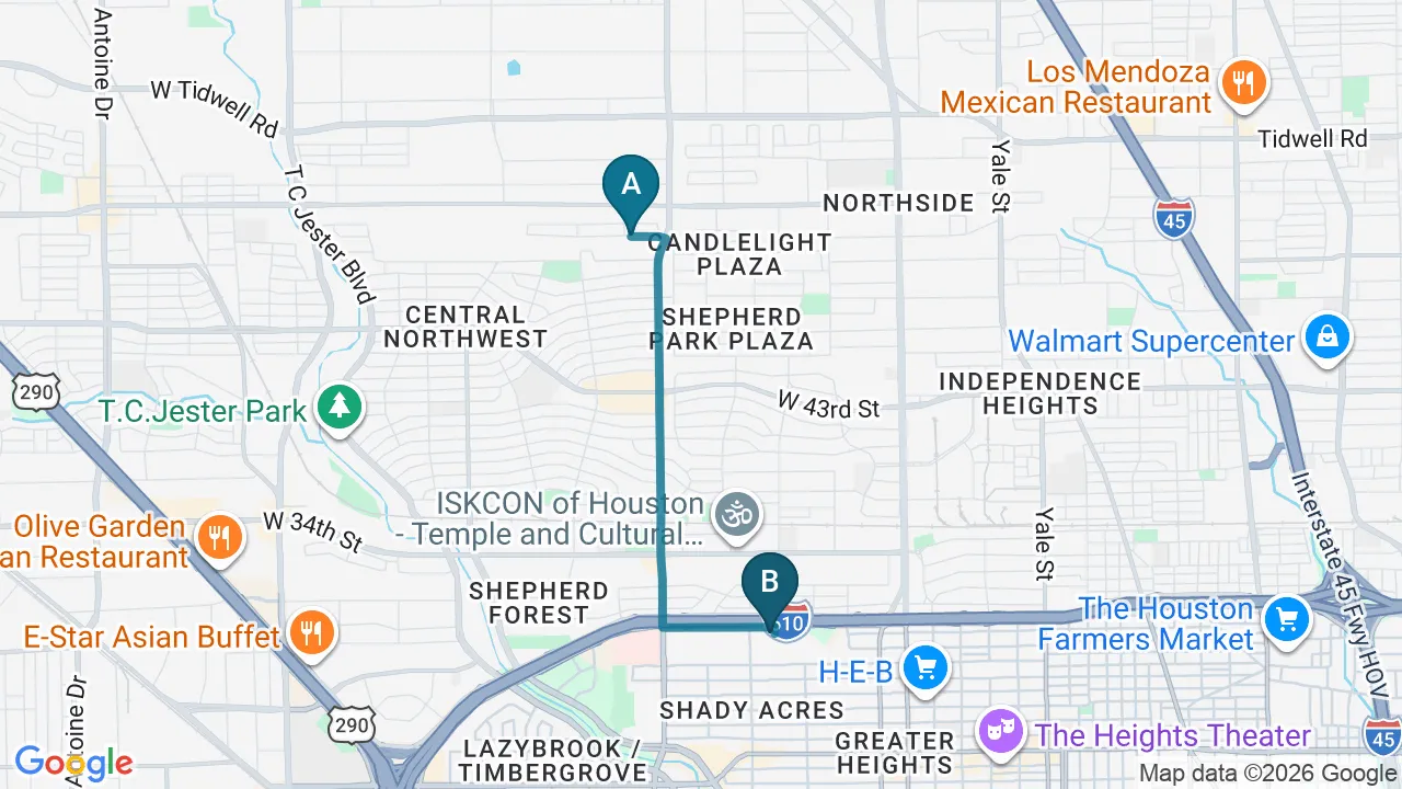 Driving directions map from Oak Forest, TX to Heights Chiropractic Center in Houston
