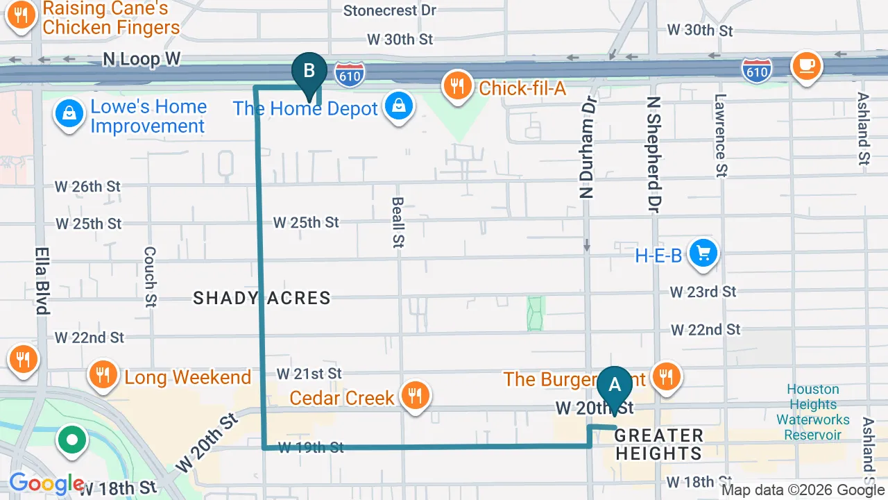 Driving directions map from Shady Acres, TX to Heights Chiropractic Center in Houston