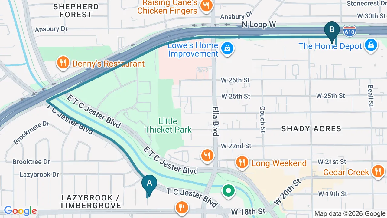Driving directions map from Timbergrove / Lazybrook, TX to Heights Chiropractic Center in Houston